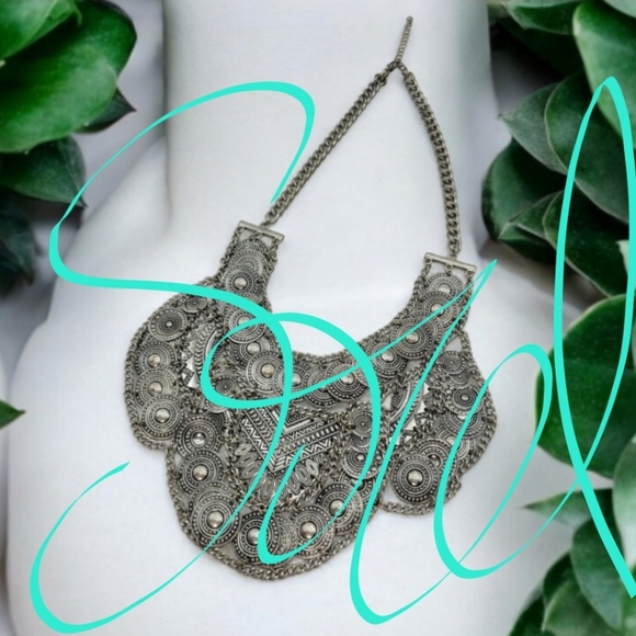 Vintage Warrior Bib Statement Necklace Silvertone Coins & Chain Curtains 17"-19" - Picture 1 of 16